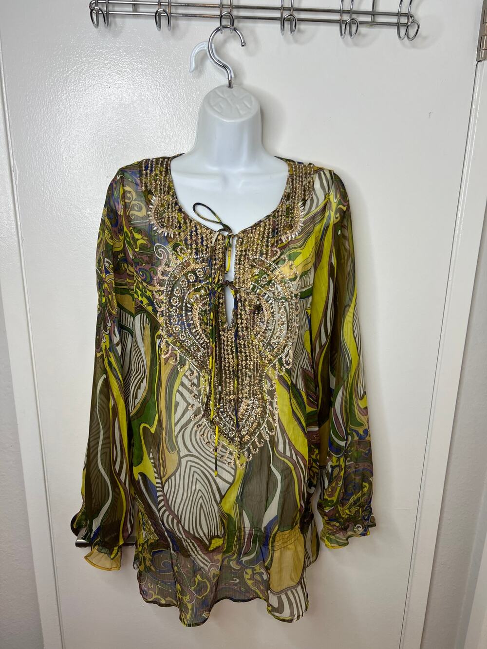 Kay Celine Women's Semi-Sheer Embellished Multicolor Blouse ~ Size XL